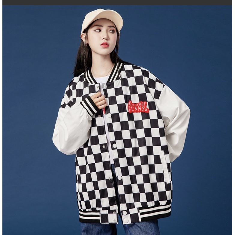 Áo khoác bomber nữ, Áo khoác bomber kẻ Caro phối tay chữ đỏ From rộng Unisex | BigBuy360 - bigbuy360.vn