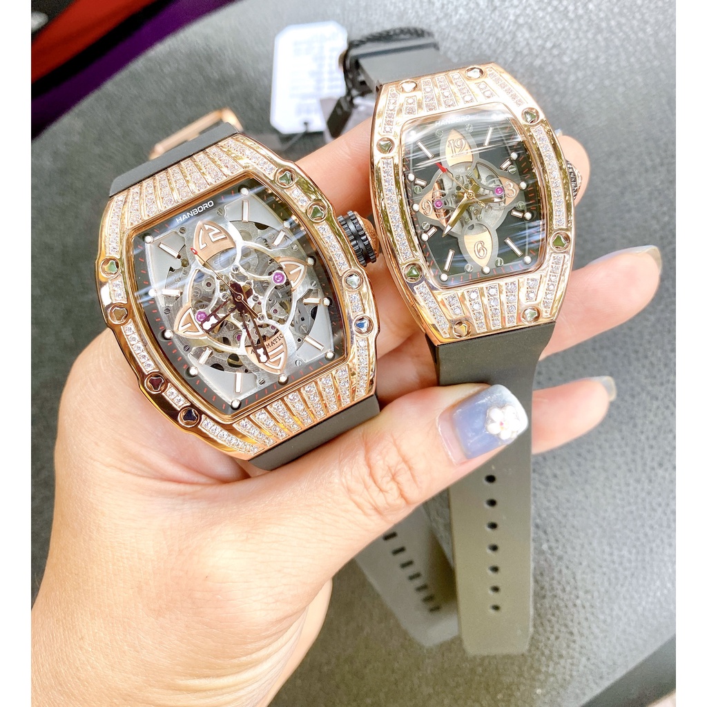 Có Video Cặp Đôi - Đồng Hồ Nữ Nam Hanboro Automatic Rose Gold Black , Dây Cao Su , Size 36mm/48mm
