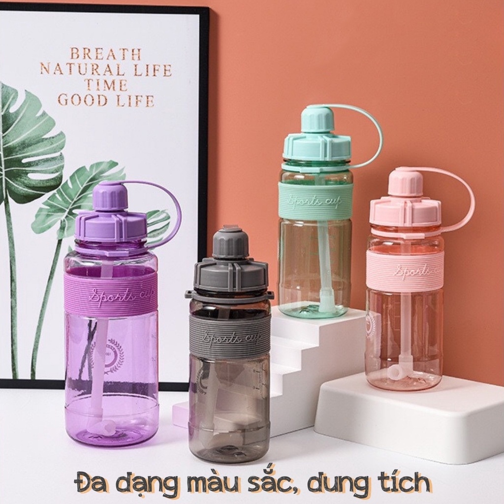 Bình nước cute cho bé bằng nhựa có dây đeo ống hút tiện lợi chia vạch nhắc nhở MiibooShi D2.004.HO