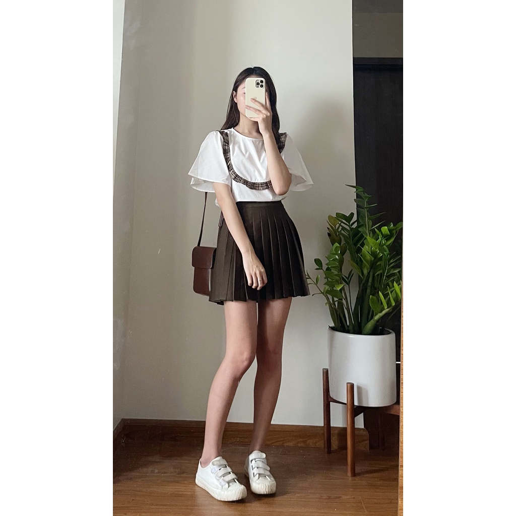 Áo sơ mi ngắn tay màu trắng, áo kiểu cộc tay cách điệu cổ viền nâu xinh xắn, tiểu thư MÃ OC06