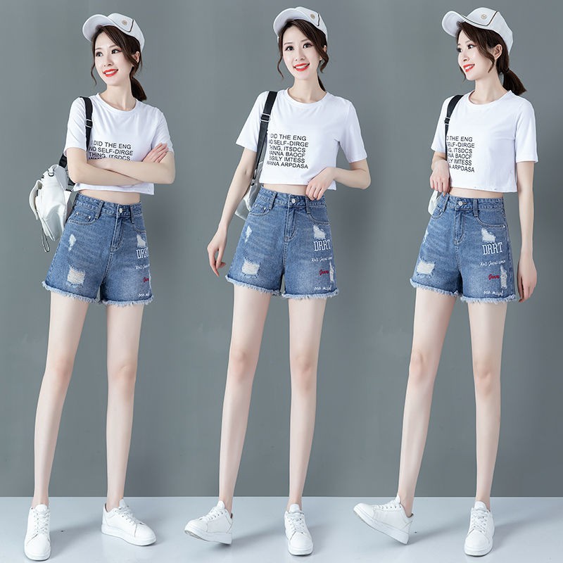 Quần jean✢Ripped quần short denim nữ kiểu mới hàn quốc ống rộng cạp cao rãi size lớn thêu thô cạnh hot