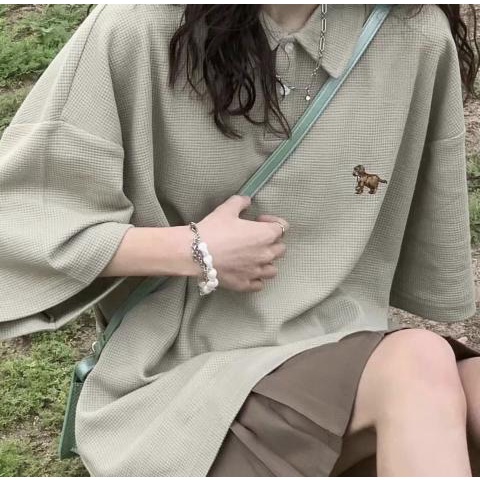 Áo polo xanh tổ ong thêu cún dáng suông onesize nam nữ - Áo cổ bẻ tay lỡ thêu cún con chất lỗ gai ulzzang unisex