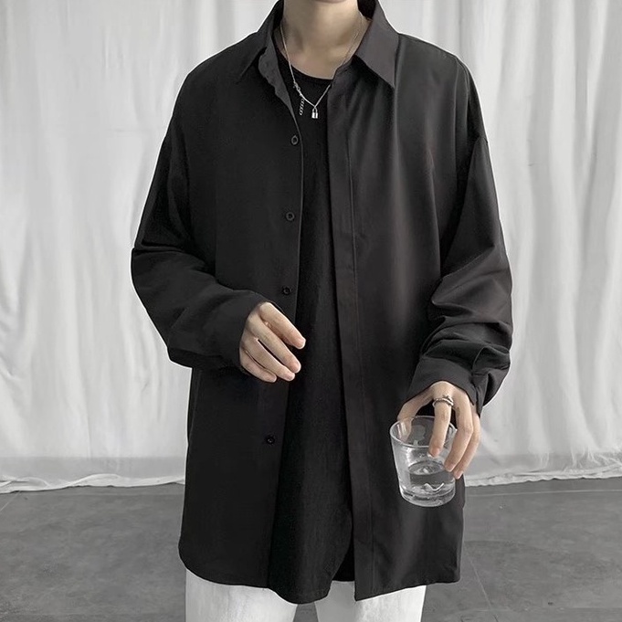Áo Sơ Mi Tay Dài Dáng Rộng Màu Trơn Thời Trang Hàn Quốc Trẻ Trung Cho Nam