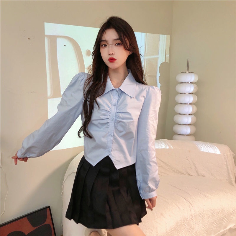 Áo sơ mi trắng IELGY tay dài dáng ngắn thời trang kiểu Pháp cho nữ