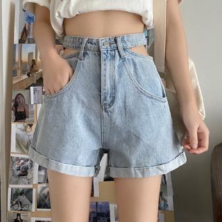 Quần short denim lưng cao ống rộng thời trang cho nữ