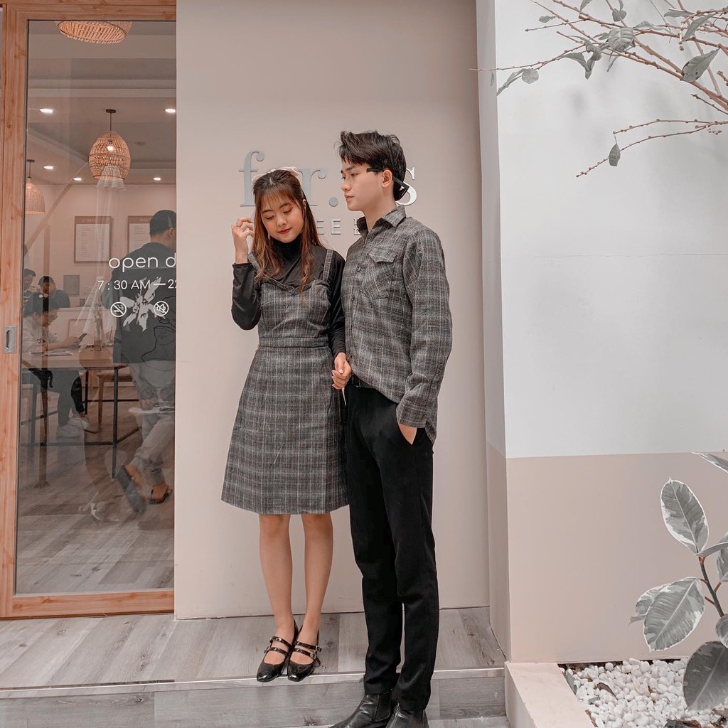 Set váy dây nữ-Áo nam kẻ ghi