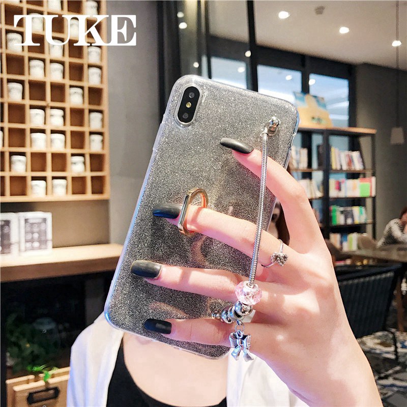 Ốp điện thoại từ nhựa TPU kiểu kim tuyến có nhẫn móc tay kèm dây đeo cho Samsung Galaxy J7 Prime S10 Lite PLUS J4