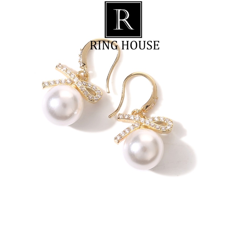 E91 Bông Tai Khuyên Tai Nữ Nơ Hạt Trai Đẹp Sang