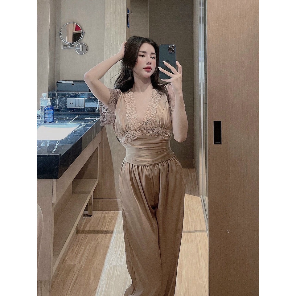Đồ Bộ Mặc Nhà, Đồ Ngủ, Pyjama Cổ V Phối Ren Chất Lụa Dạo Phố Cực Xinh Freesize
