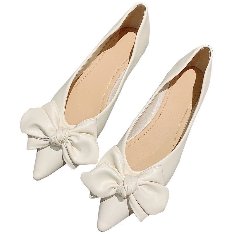 Giày Búp Bê Da Mềm Mũi Nhọn Đính Nơ Thời Trang Mùa Hè 2022 Cho Nữ