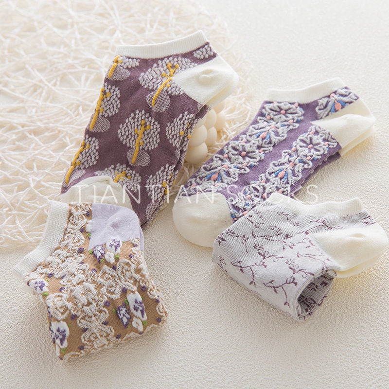 TIAN TIAN T156 Vớ Thuyền Cotton Thêu Nổi Ba Chiều Cổ Điển Phong Cách Hoàng Gia Nhật Bản Dễ Thương Thời Trang Xuân Hè Cho Nữ Dễ Phối Đồ