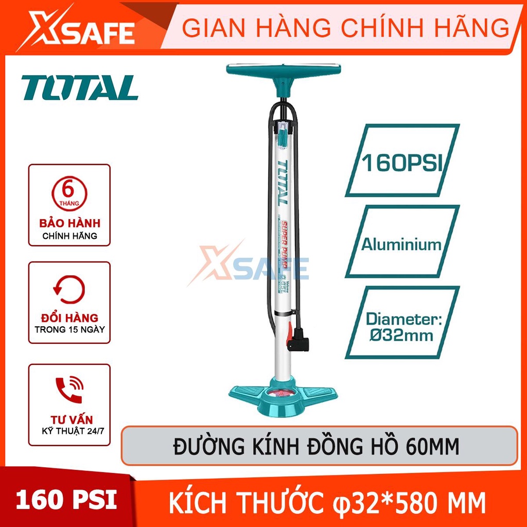 Ống bơm hơi xe TOTAL TMPP3201, bơm hơi dùng tay Kích thước: φ32 * 580mm, Ống nhôm, có đồng hồ đo áp suất tối đa 160PSI