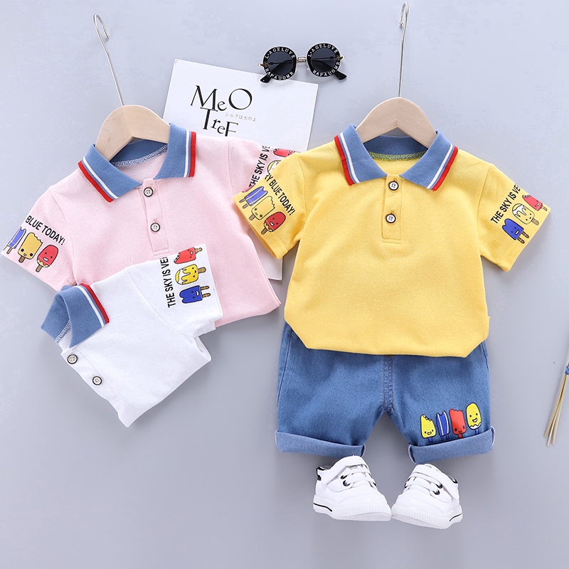 Set Áo Thun Ngắn Tay In Họa Tiết Graffiti + Quần Short Denim Thời Trang Mùa Hè Cho Bé Trai 0-5 Tuổi