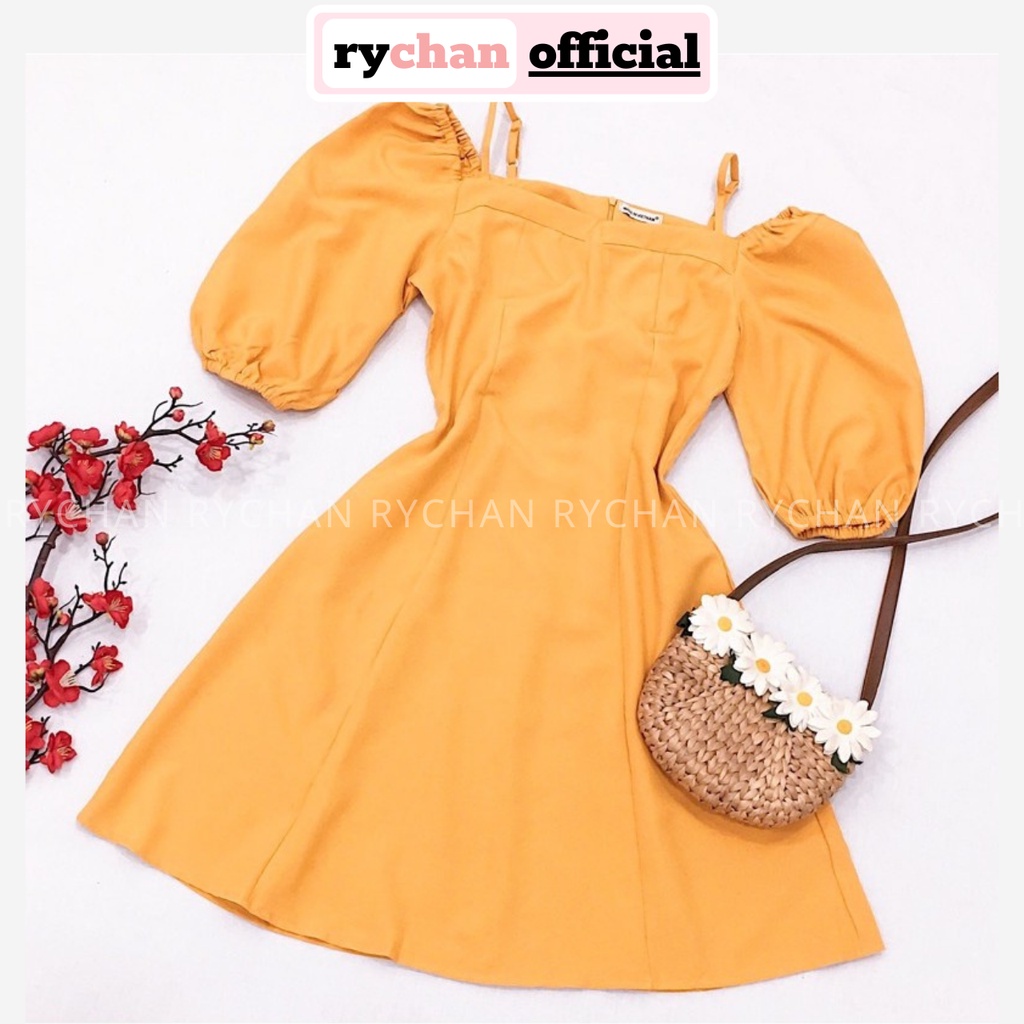 Đầm Nữ Dự Tiệc Form Ngắn Cổ Vuông Tay Phồng Chun Phối Dây Chiết Eo Màu Vàng [ẢNH THẬT CUỐI] - DX9843