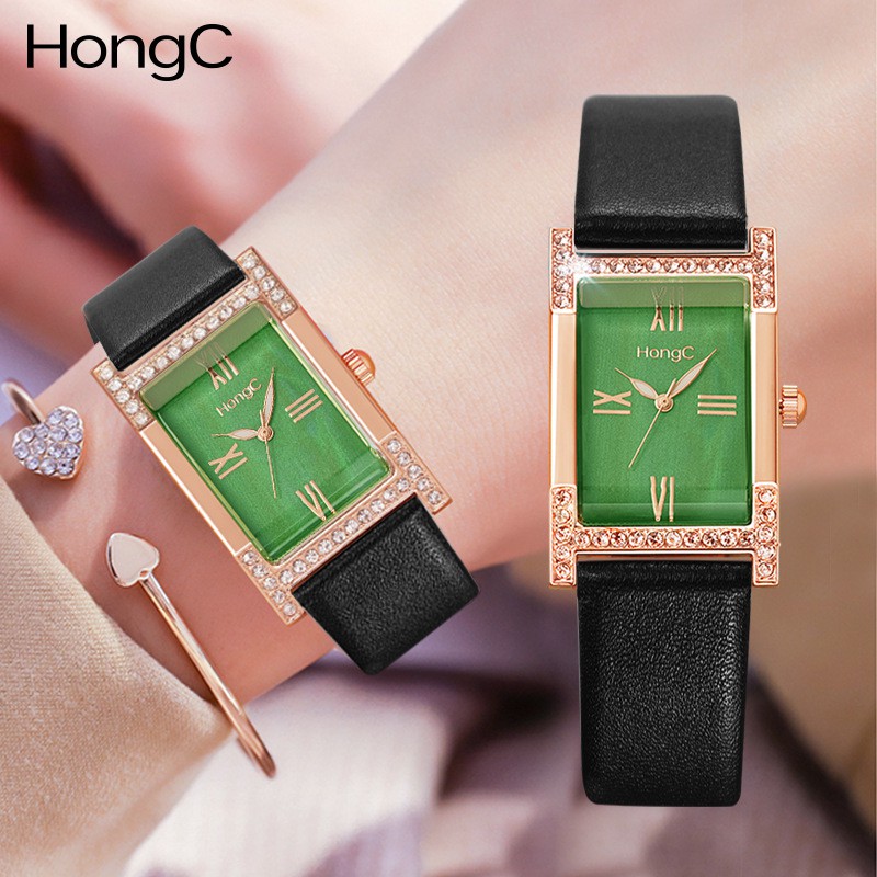 {Mẫu mới 2021} Đồng hồ nữ Yazole Hong C C001 mặt vuông dây da sang trọng