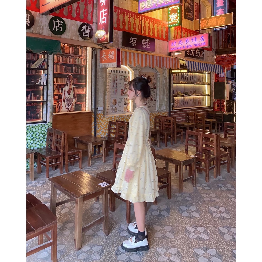Đầm hoa nhí ngắn tay bồng be
