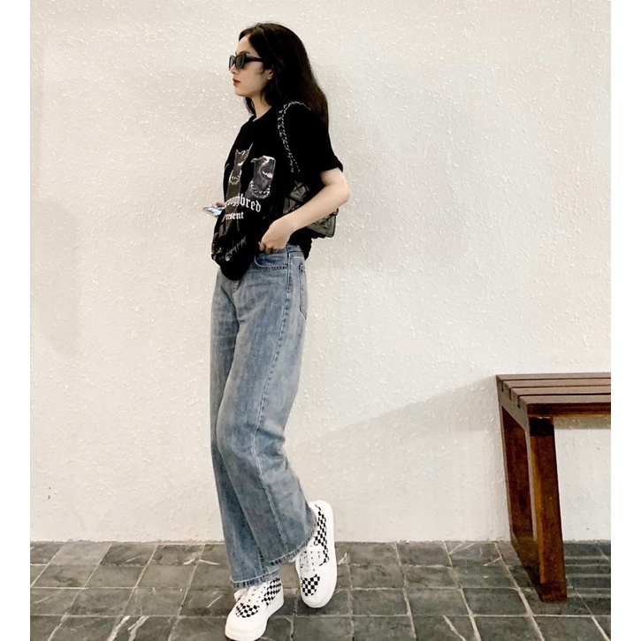 Quần bò suông 2 cúc cạp cao