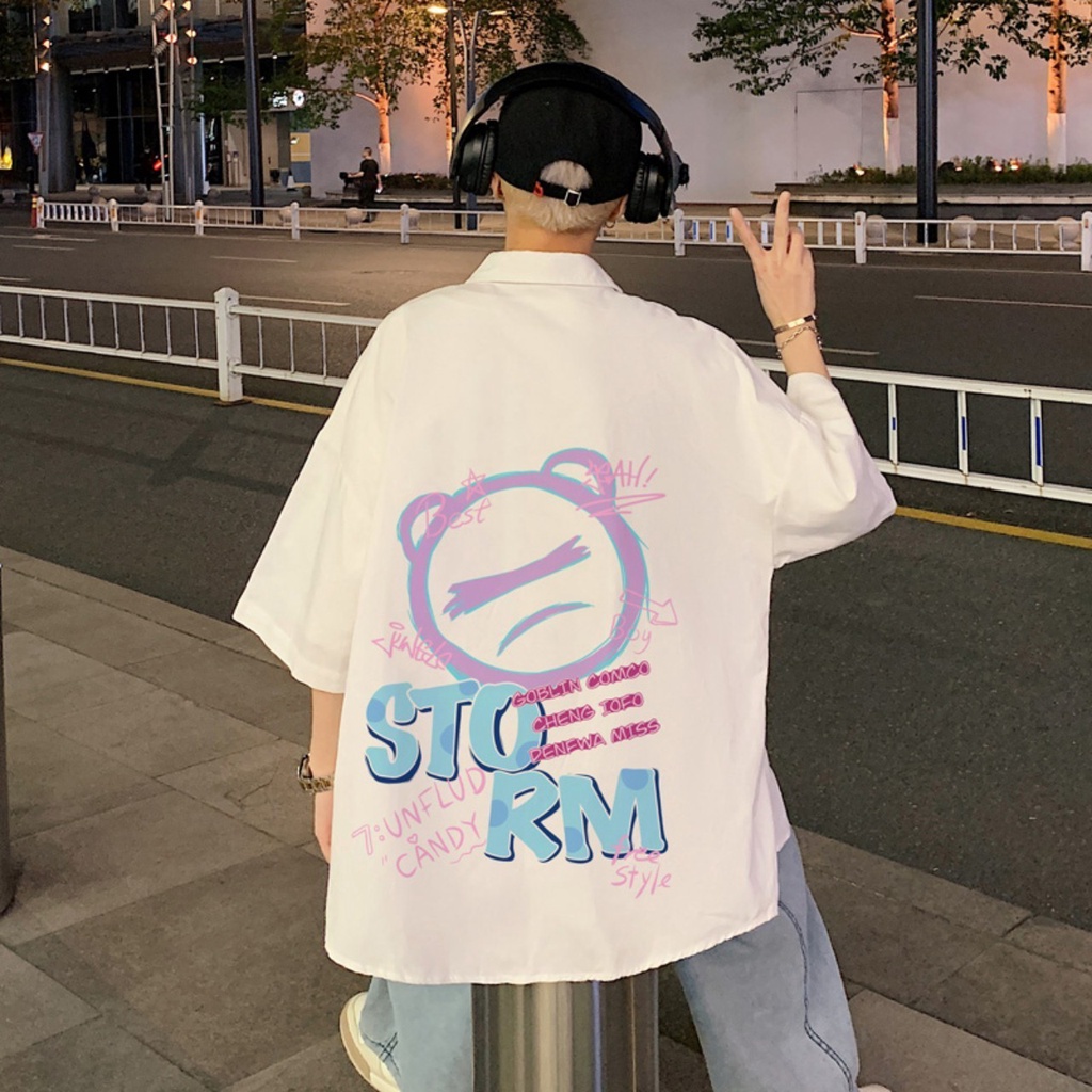Sơ mi hàn quốc unisex from rộng nam nữ , sơ mi nam nữ vải voan lụa mịn mát free size 40kg - 70kg in gấu storm