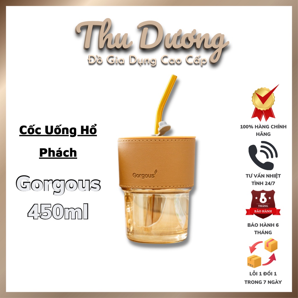 Cốc thủy tinh có ống hút, cốc uống nước màu hổ phách chịu nhiệt cao dung tích 450ml - Thu Dương Official