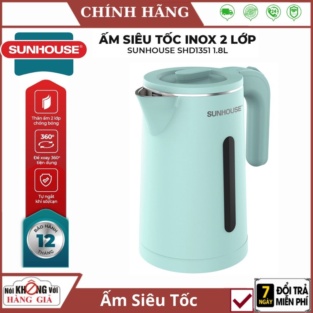 Bình đun nước siêu tốc Sunhouse chính hãng SHD1351 - Ấm siêu tốc inox 2 lớp, dung tích 1,8 lit , bảo hành 12 tháng