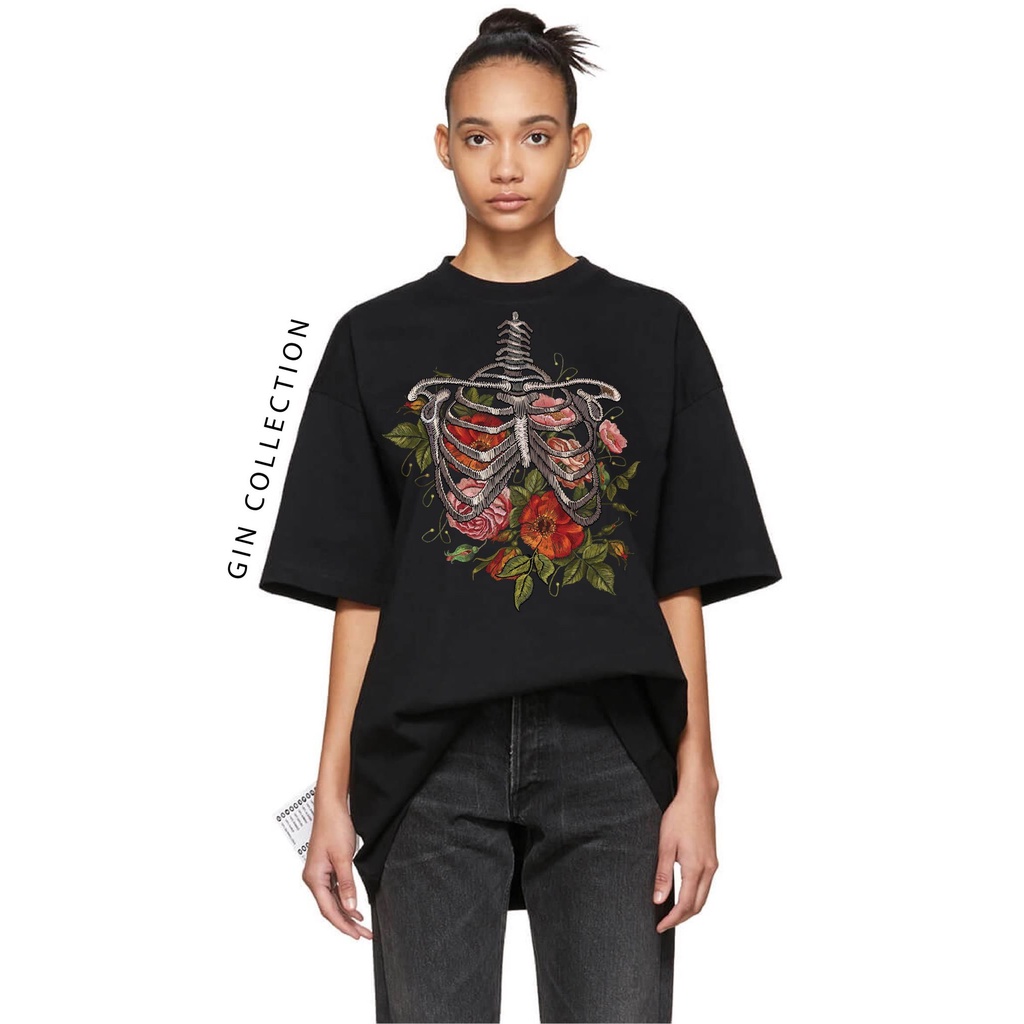 Áo thun tay lỡ hình Xương Hoa Hồng Cotton Co giãn 2 chiều -unisex nam nữ