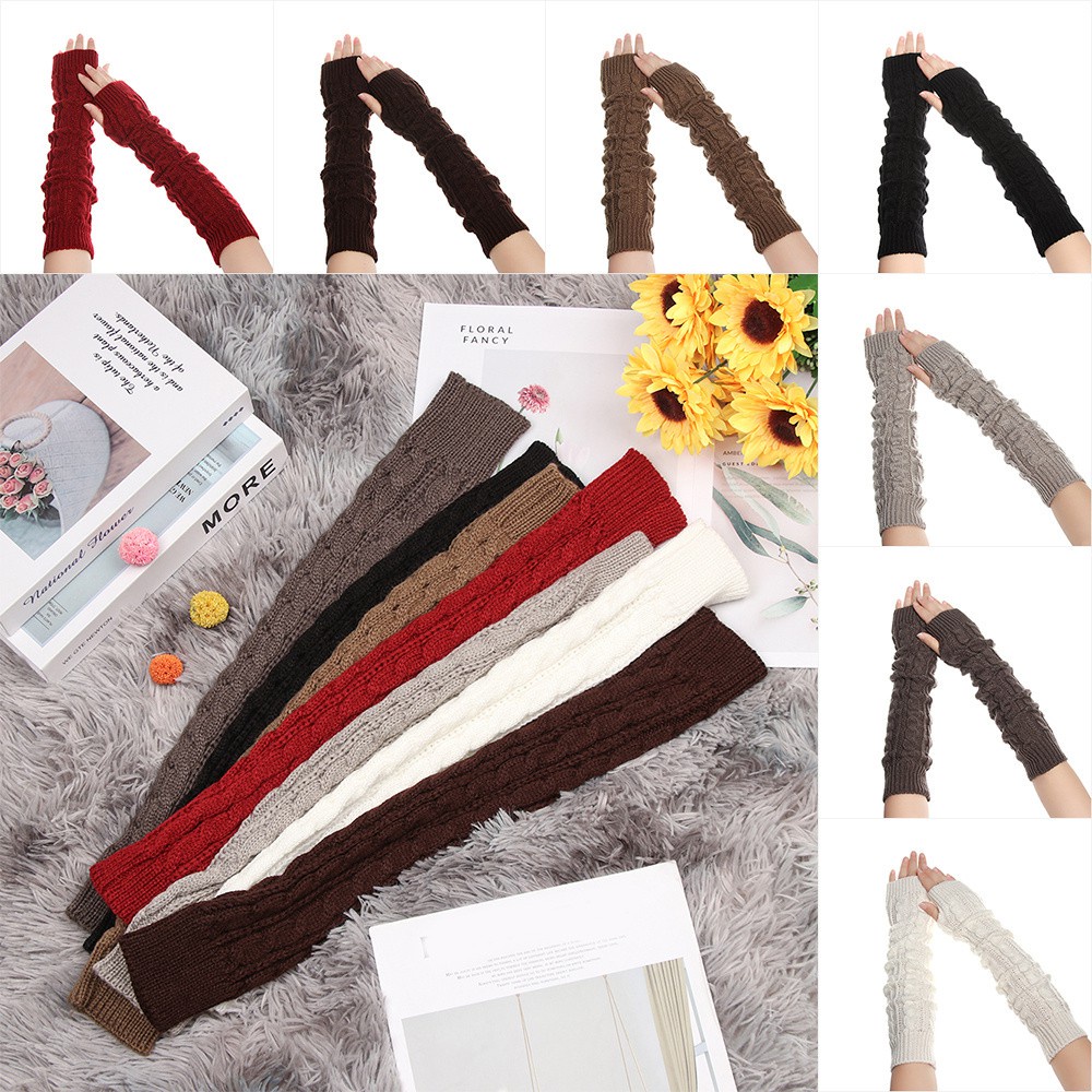 Găng Tay Len Dài 50cm Hở Ngón Phối Nút Thời Trang Thu Đông Cho Nữ