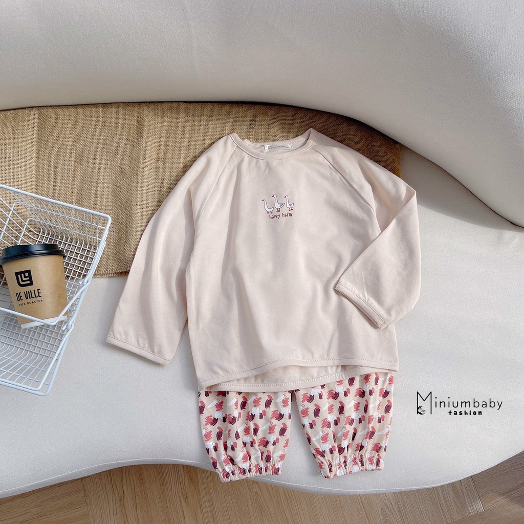 Bộ thu đông dài tay bé trai, bộ thun cotton mềm hoạ tiết xinh xắn bé gái