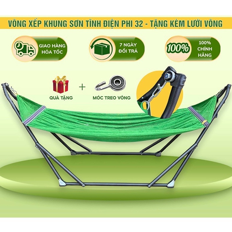 Võng Xếp Hoàng Nhân Khung Sơn Tĩnh Điện Phi 32 - Tặng Kèm Lưới Võng