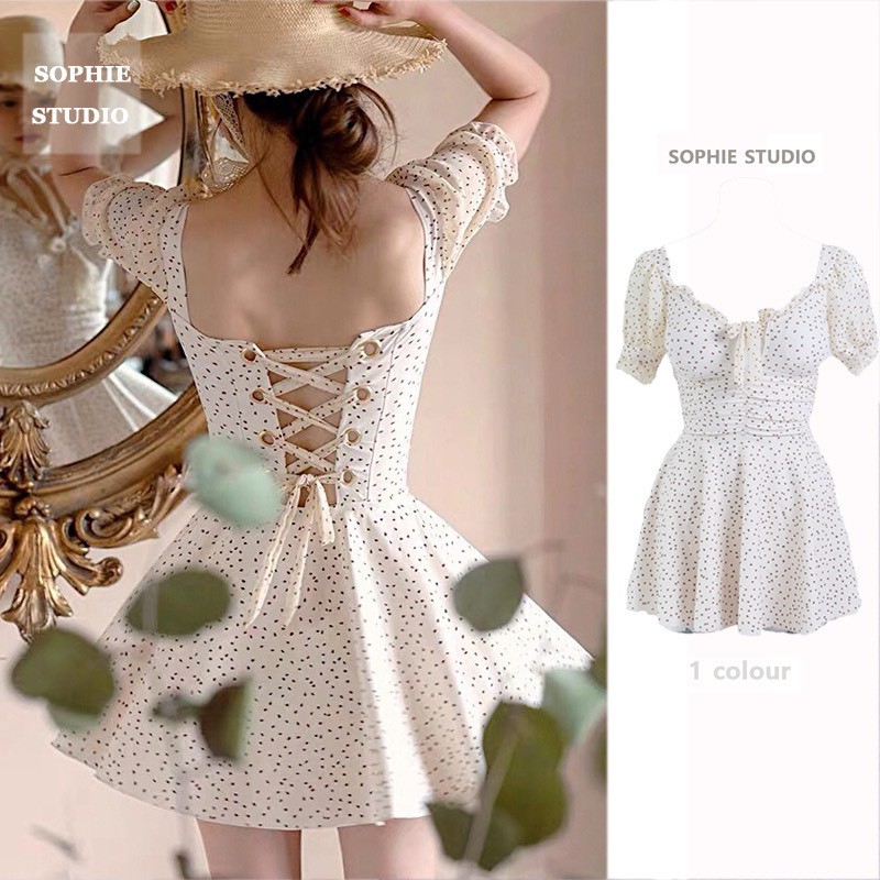Váy Nữ Dáng Xòe, Đầm Nữ Họa Tiết Chấm Bi Lưng Dây Đan Thắt Eo Moda.H