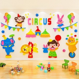 Tranh mica dán tường xiếc thú trang tri khu vui chơi, trường mầm non, góc học tập cho bé