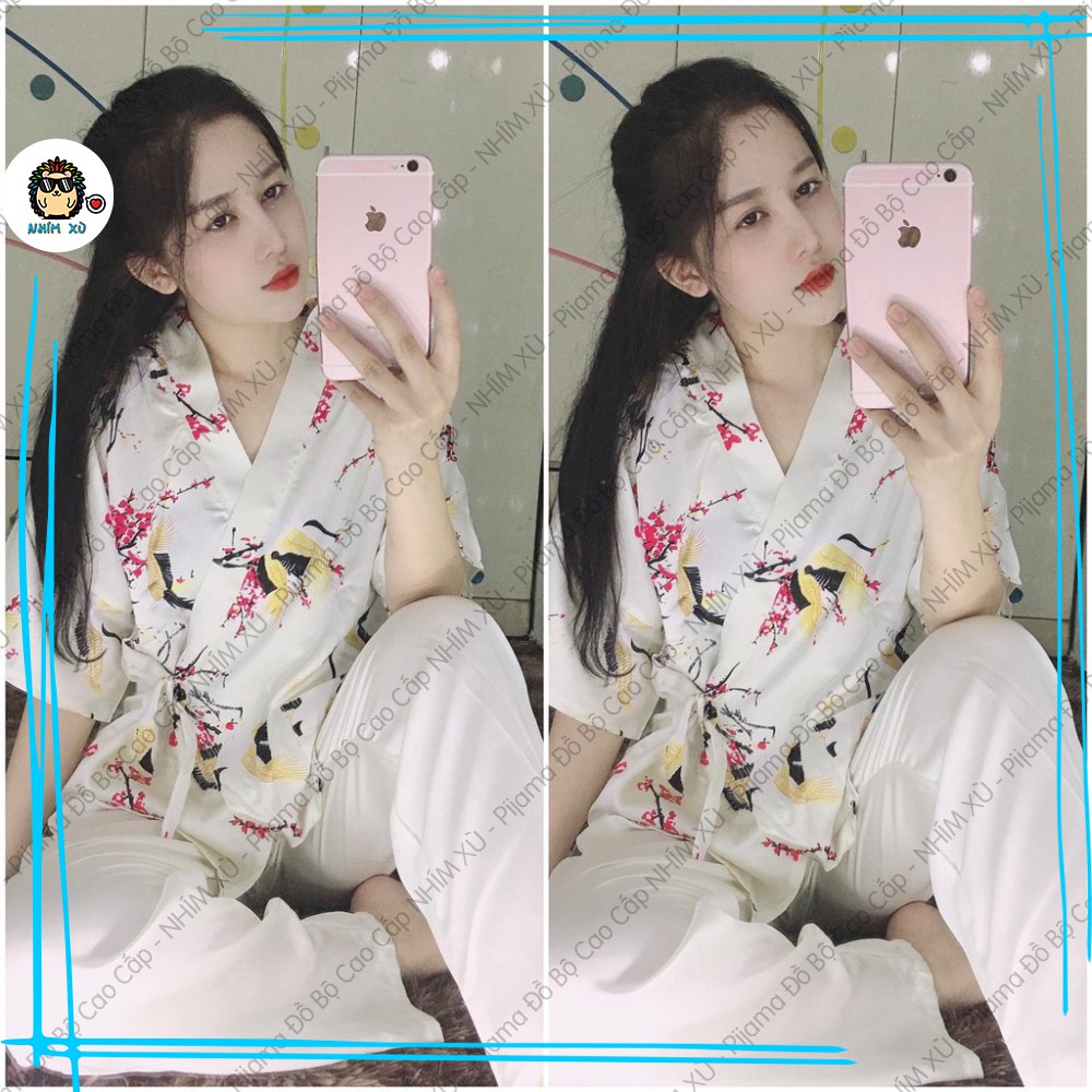 Đồ Bộ Ngủ Pijama Kimono Mặc Nhà Áo Tay Ngắn Quần Dài Vải Satin Cao Cấp Đào Hạc