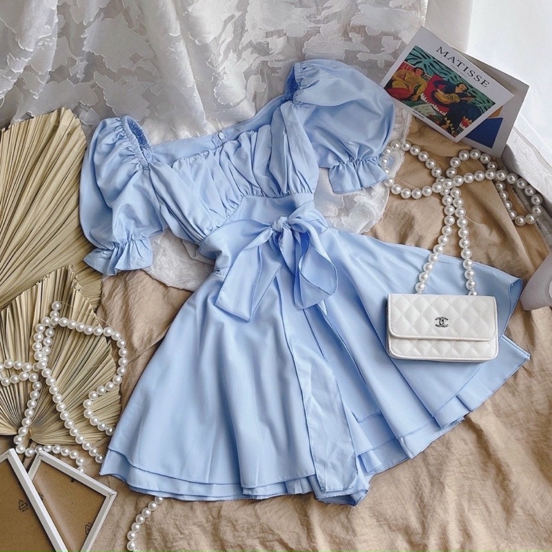 Đầm váy trễ vai cổ nhúng thắt nơ lưng 3 màu trắng, đe, xanh