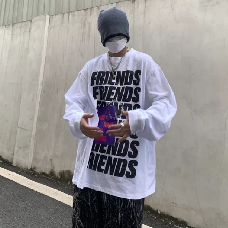 Áo thun tay dài dáng rộng in chữ phong cách Hàn Quốc thời trang cho nam size M-5XL