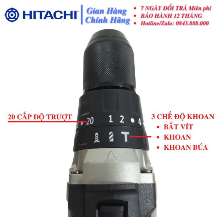 Máy Khoan Pin HITACHI 199VF, Khoan pin không chổi than, Máy bắn vít pin tặng kèm bộ phụ kiện 22 chi tiết
