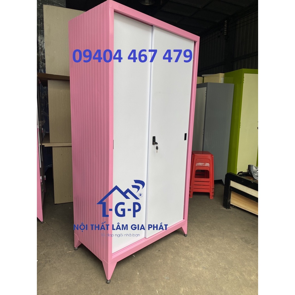 Tủ sắt cửa lùa 2 cánh sơn tĩnh điện màu hồng mới