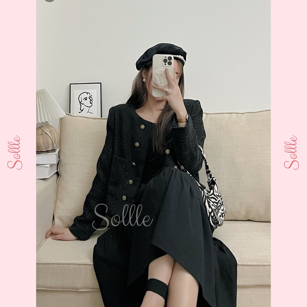 Áo khoác dạ tweed nữ dài tay dáng ngắn túi nắp kẻ caro vintage đỏ xanh Hàn Quốc Sollle