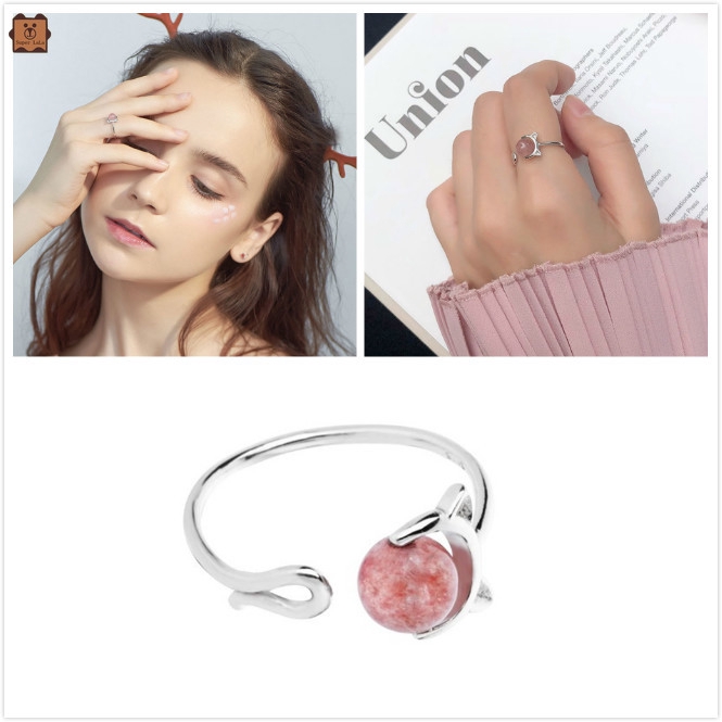 Nhẫn thời trang đính đá mắt mèo màu hồng tự nhiên phong cách Hàn Quốc cho nữ