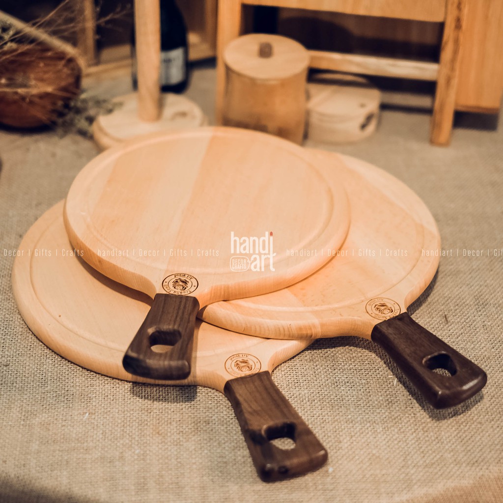 Thớt tròn gỗ beech tay cầm - Thớt gỗ tròn trang trí - Wooden cutting board