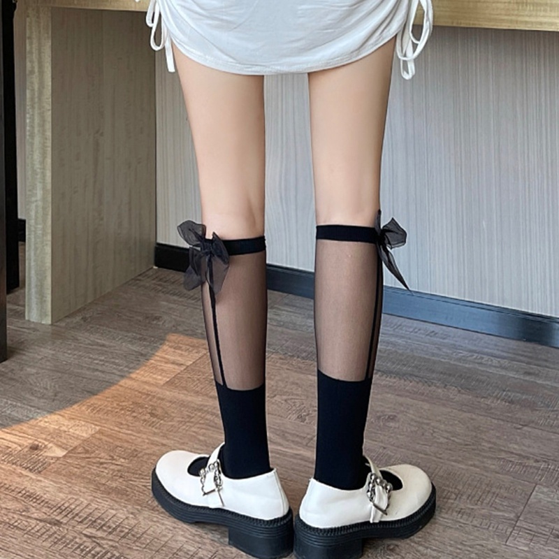 Tất Lưới Dài Qua Gối Phối Ruy Băng Họa Tiết Kẻ Sọc Phong Cách Lolita Nhật Bản