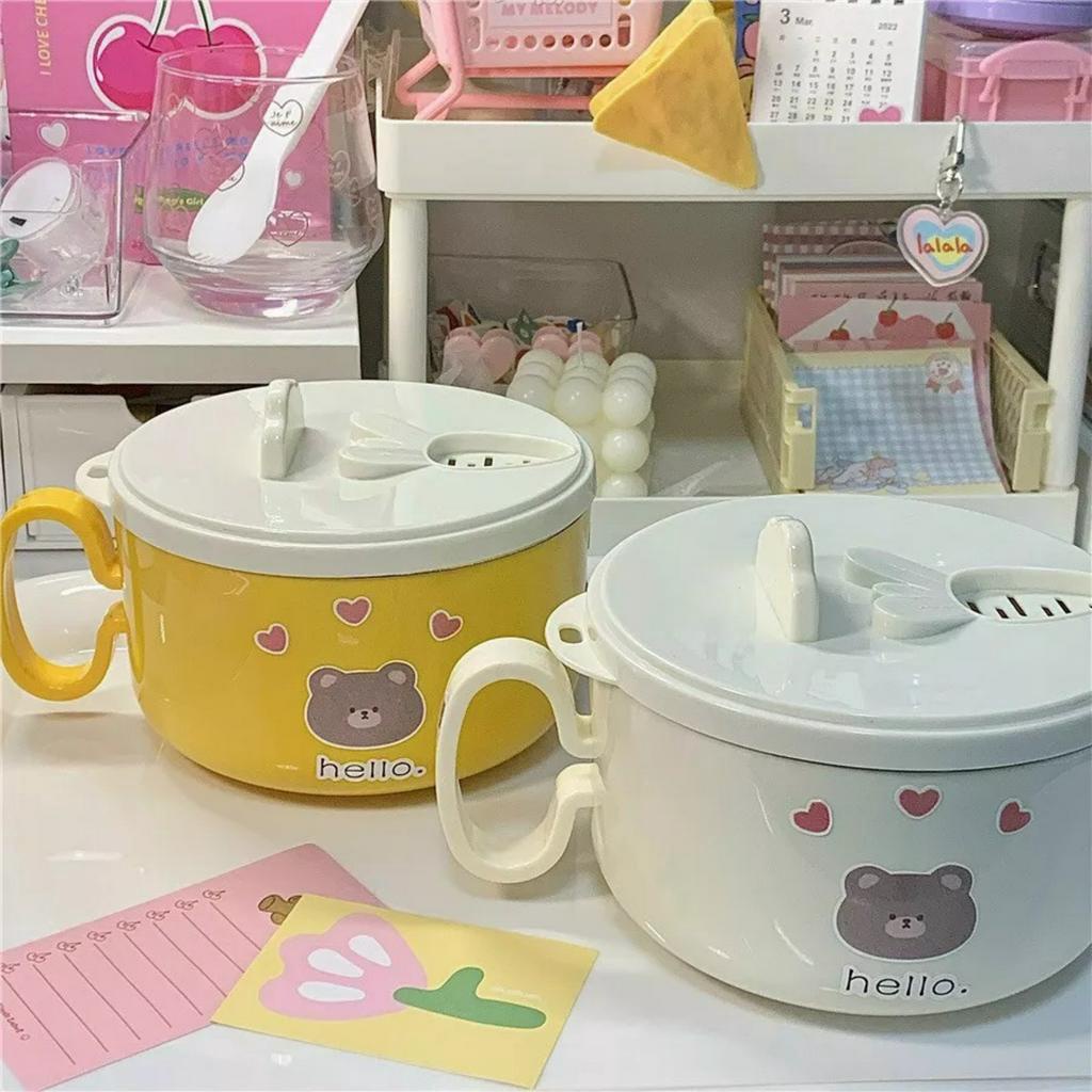 Tô Ăn Mì /Bát Úp Mì Gấu Hello Tiện Lợi Có Nắp Đậy Tay Cầm Cao Cấp