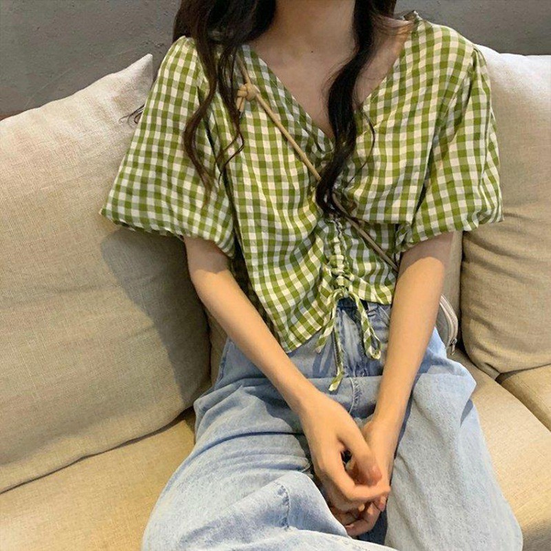 Ladies Summer Loose Sweet Drawstring Plaid Short Sleeve Top