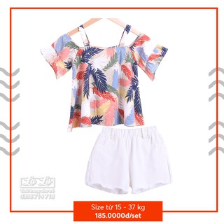 Thời trang Quần áo trẻ em gái Set bộ áo trễ vai kate quần kaki tua cho bé 15-40kg,4 5 7 8 9 10 11 tuổi