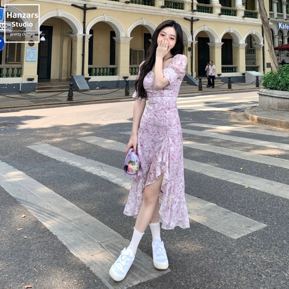 Váy Hoa Nhí Màu Tím Tay Phồng Dáng Chữ A Style Ulzzang Có Khóa Lưng Hai Lớp Hanzars.studio 3