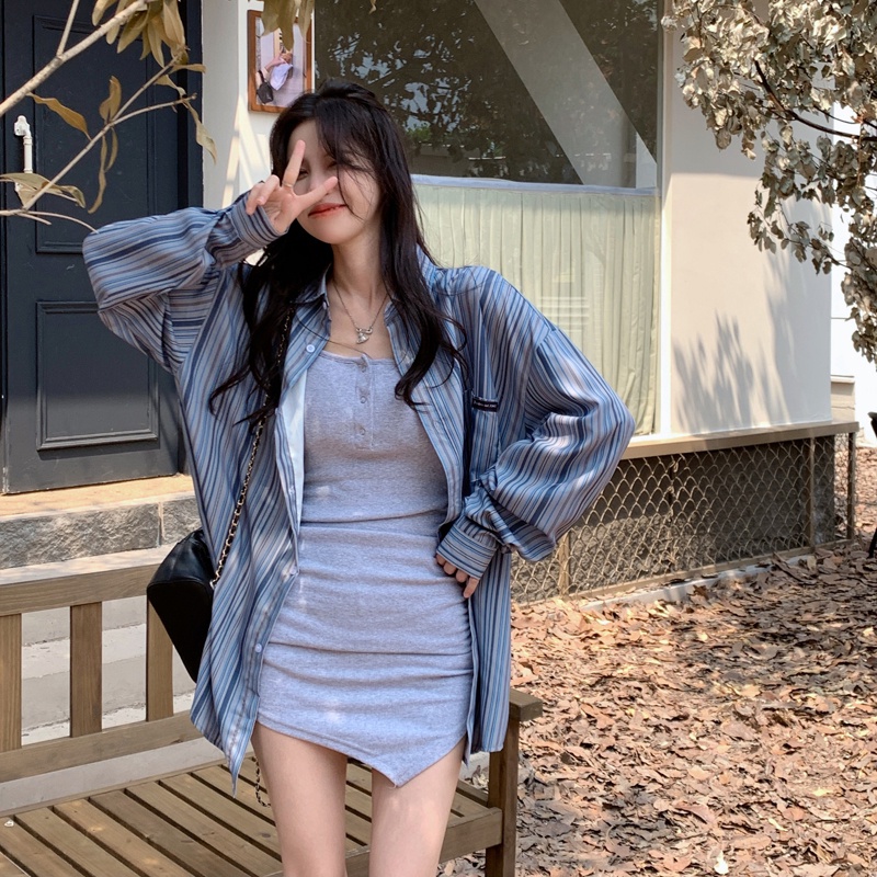 ZHELIHANGFEI Áo Sơ Mi Sọc Dọc Tay Dài Theo Phong Cách Retro Dễ Phối Đồ