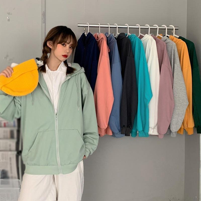 Áo Khoác Cardigan Có Mũ Dáng Rộng Màu Trơn Phong Cách Hàn Quốc