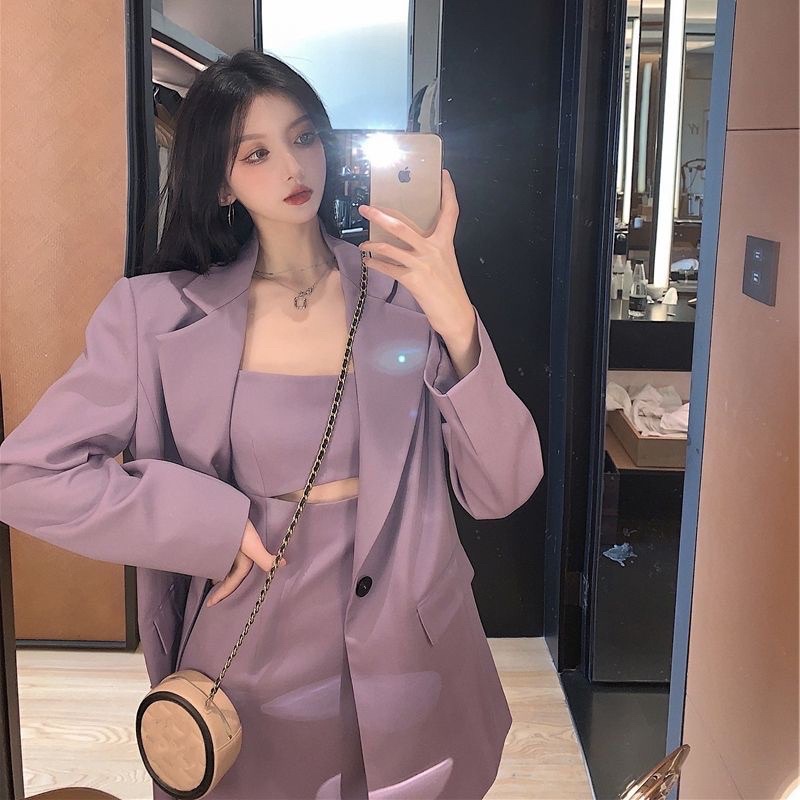Đầm hai dây khoét eo + áo khoác blazer hai lớp hàng quảng châu