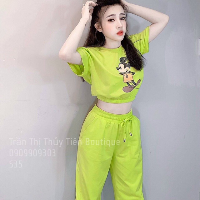 Set Bộ Mickey chất liệu Da Cá Phong Cách Thể Thao Cá Tính gồm áo croptop quần ống bo