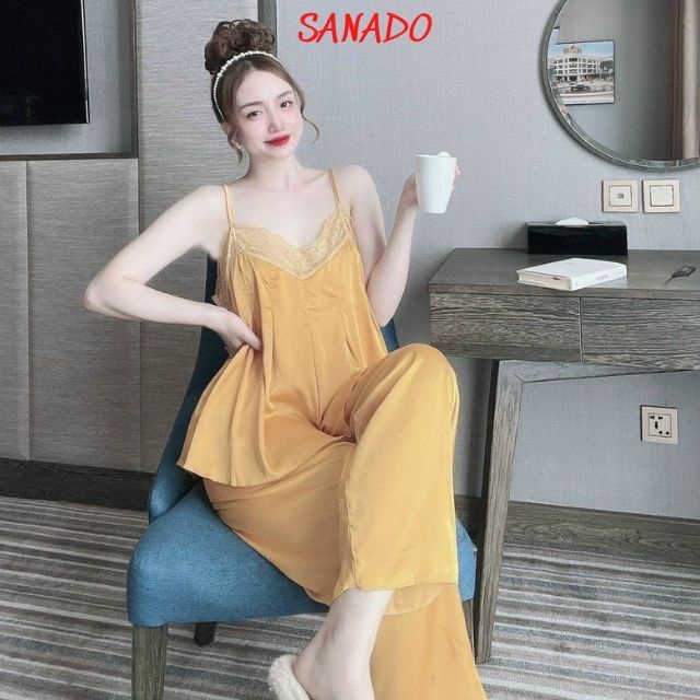Bộ ngủ nữ áo 2 dây đồ bộ lụa satin cao cấp mặc nhà sexy gợi cảm - sanado