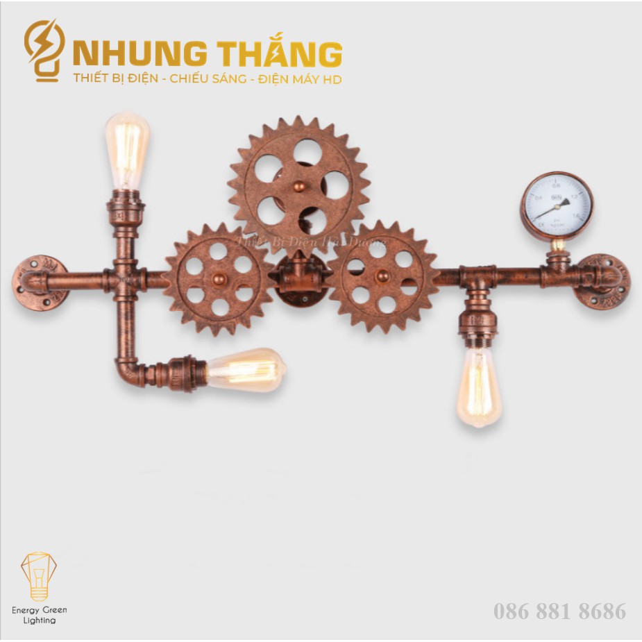 Đèn Tường Retro DT-9040 - Hình Ống Nước,Bánh Răng Chuyển Động - Kiểu Dáng Cổ Điển - Tặng Kèm 3 Bóng T64 - Bảo Hành 1 Năm