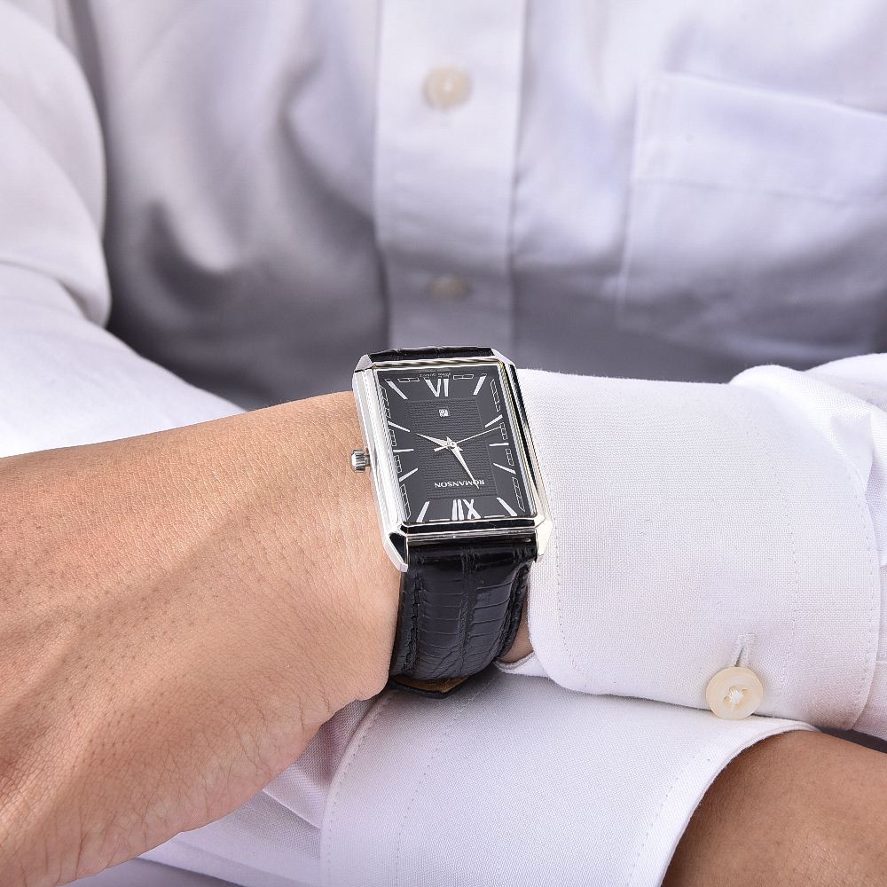 Đồng hồ Romanson Classic Men Watch TL4206MWBK nam mặt chữ nhật kính chống xước, máy Thụy Sĩ, dây da cao cấp chính hãng